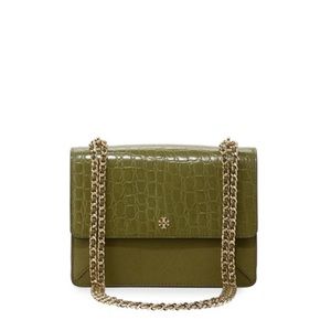 Tory Burch Croc Embossed Olive Green Shoulder Bag